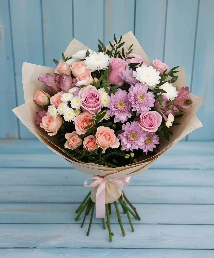Букет цветов из: Хризантемы, Розы и Альстромерии в Сотниковском