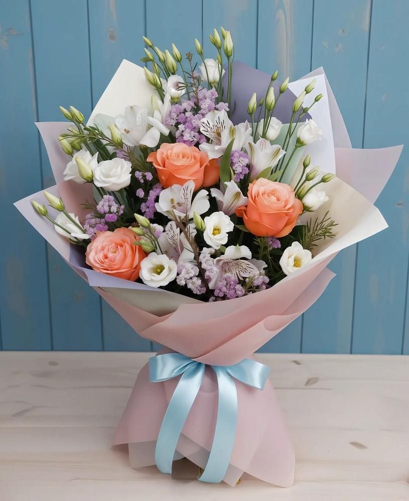 Букет цветов из: Лизиантусы, Розы, Альстромерии и Гипсофила в Сотниковском