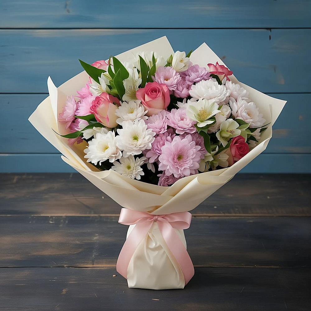 Букет цветов из: Хризантемы, Альстромерии и Розы в Сотниковском